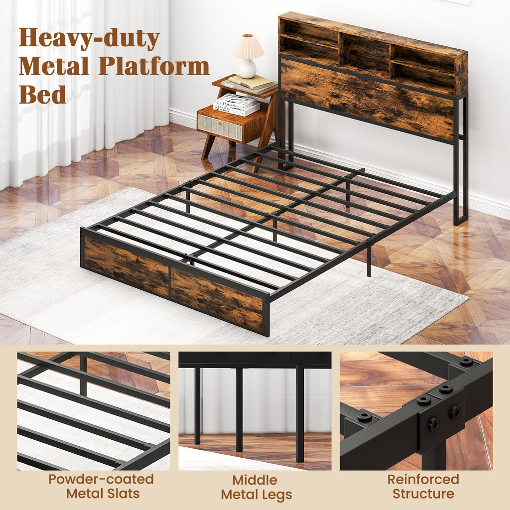 Bergen Queen Size Bed Frame with Storage Headboard & Charging Station – Industrial Metal Platform Bed