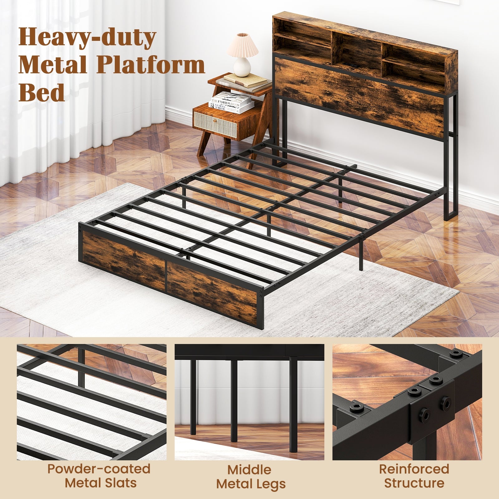 Bergen Queen Size Bed Frame with Storage Headboard & Charging Station – Industrial Metal Platform Bed