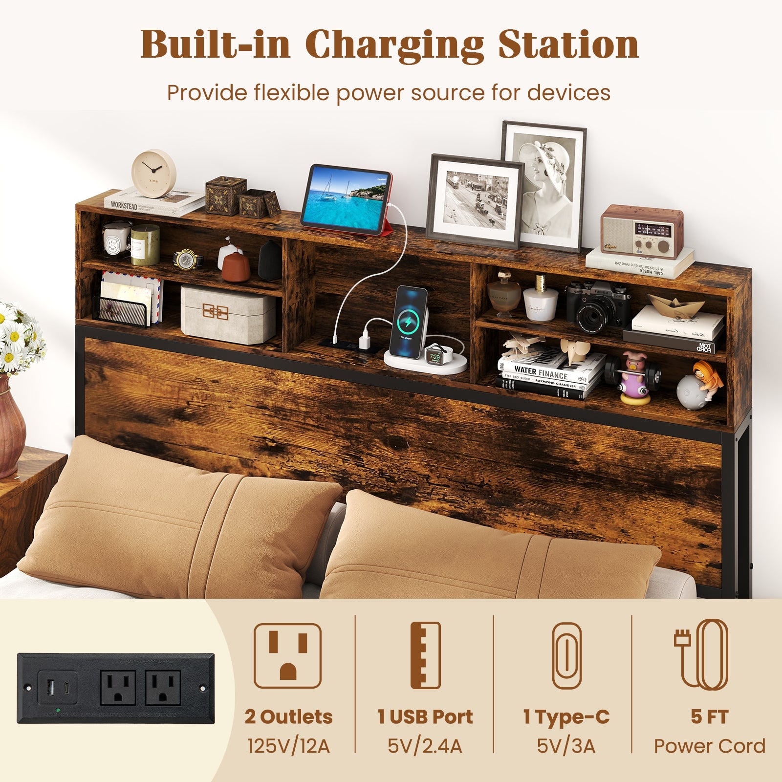 Bergen Queen Size Bed Frame with Storage Headboard & Charging Station – Industrial Metal Platform Bed
