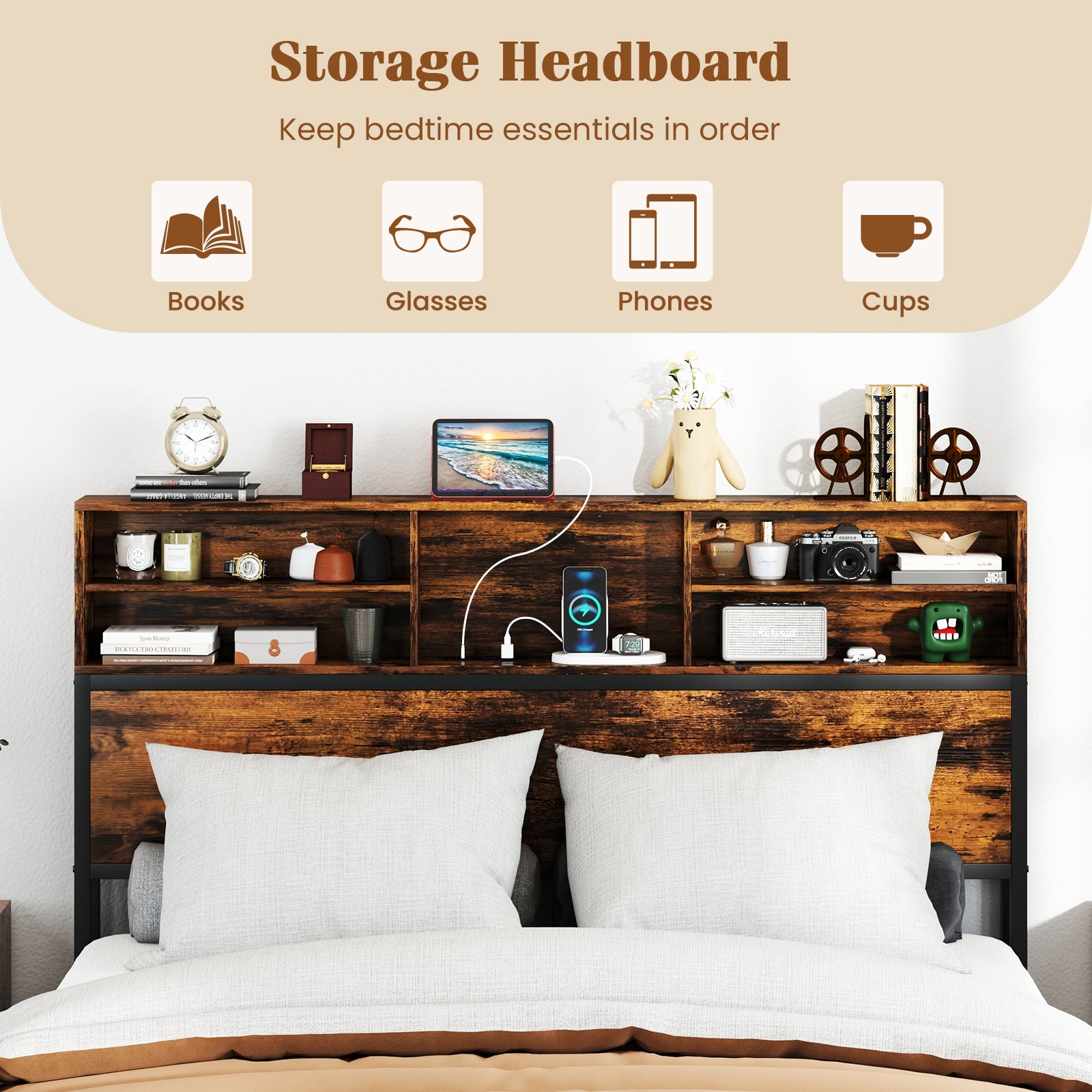 Bergen Queen Size Bed Frame with Storage Headboard & Charging Station – Industrial Metal Platform Bed