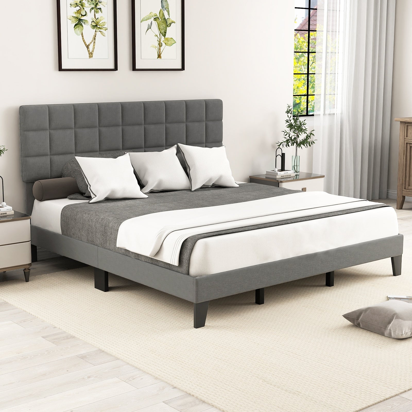 Corey King Size Modern Linen Bed Frame with Adjustable Headboard-Gray