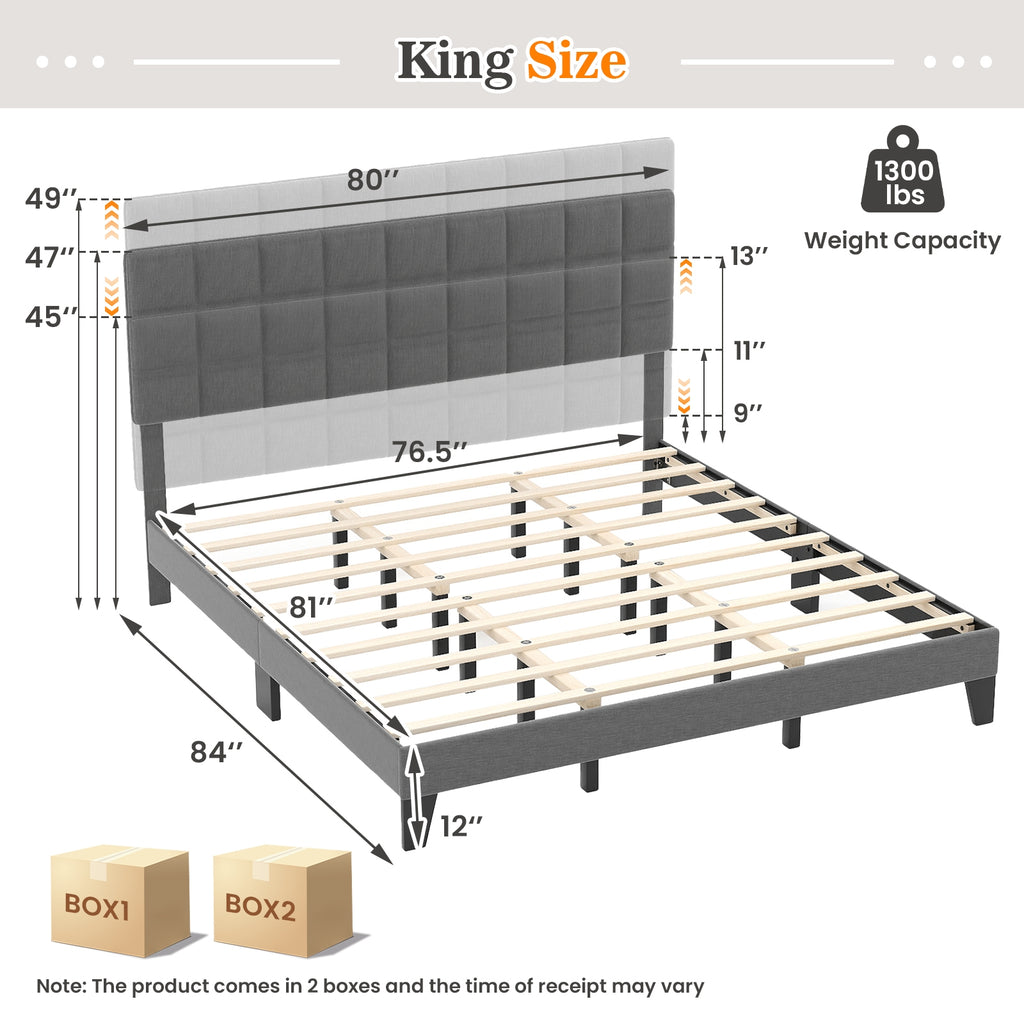 Corey King Size Modern Linen Bed Frame with Adjustable Headboard-Gray