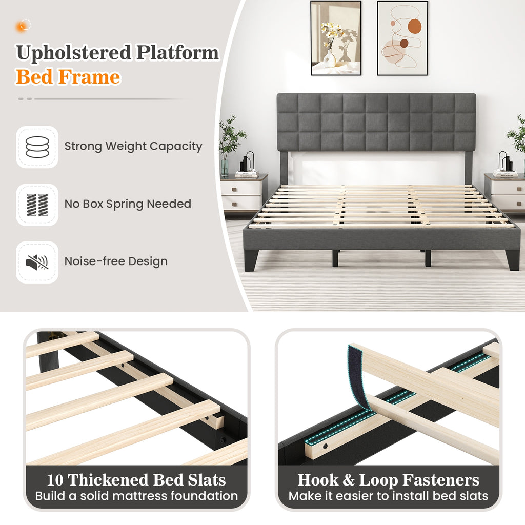 Corey King Size Modern Linen Bed Frame with Adjustable Headboard-Gray