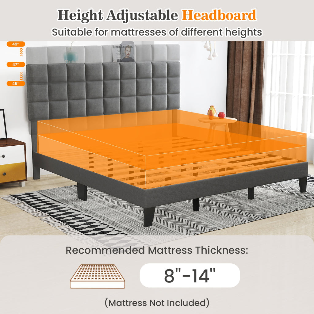 Corey King Size Modern Linen Bed Frame with Adjustable Headboard-Gray