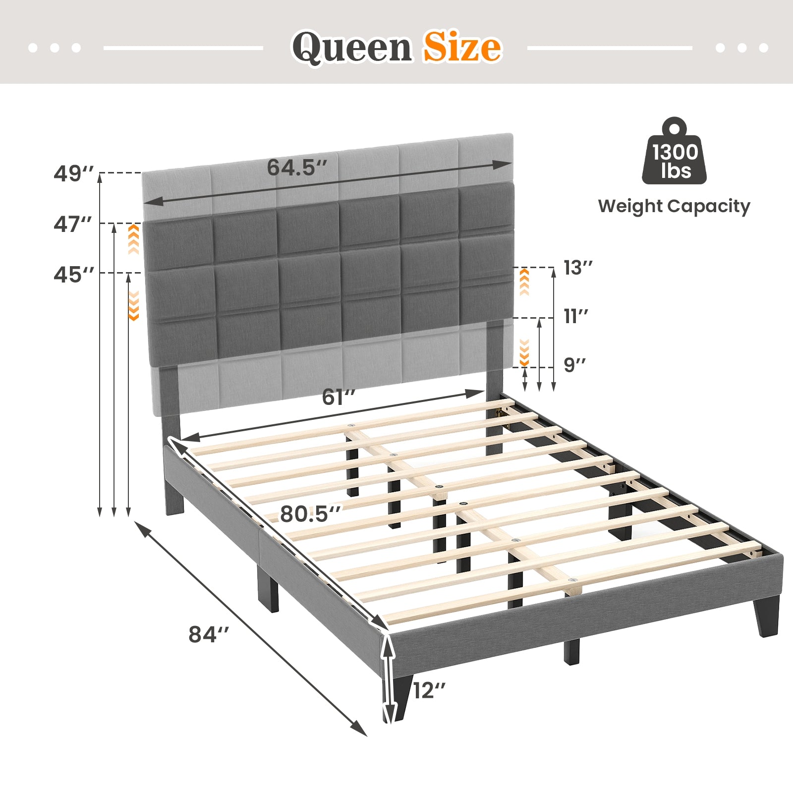 Corey Queen Size Modern Linen Bed Frame with Adjustable Headboard-Gray