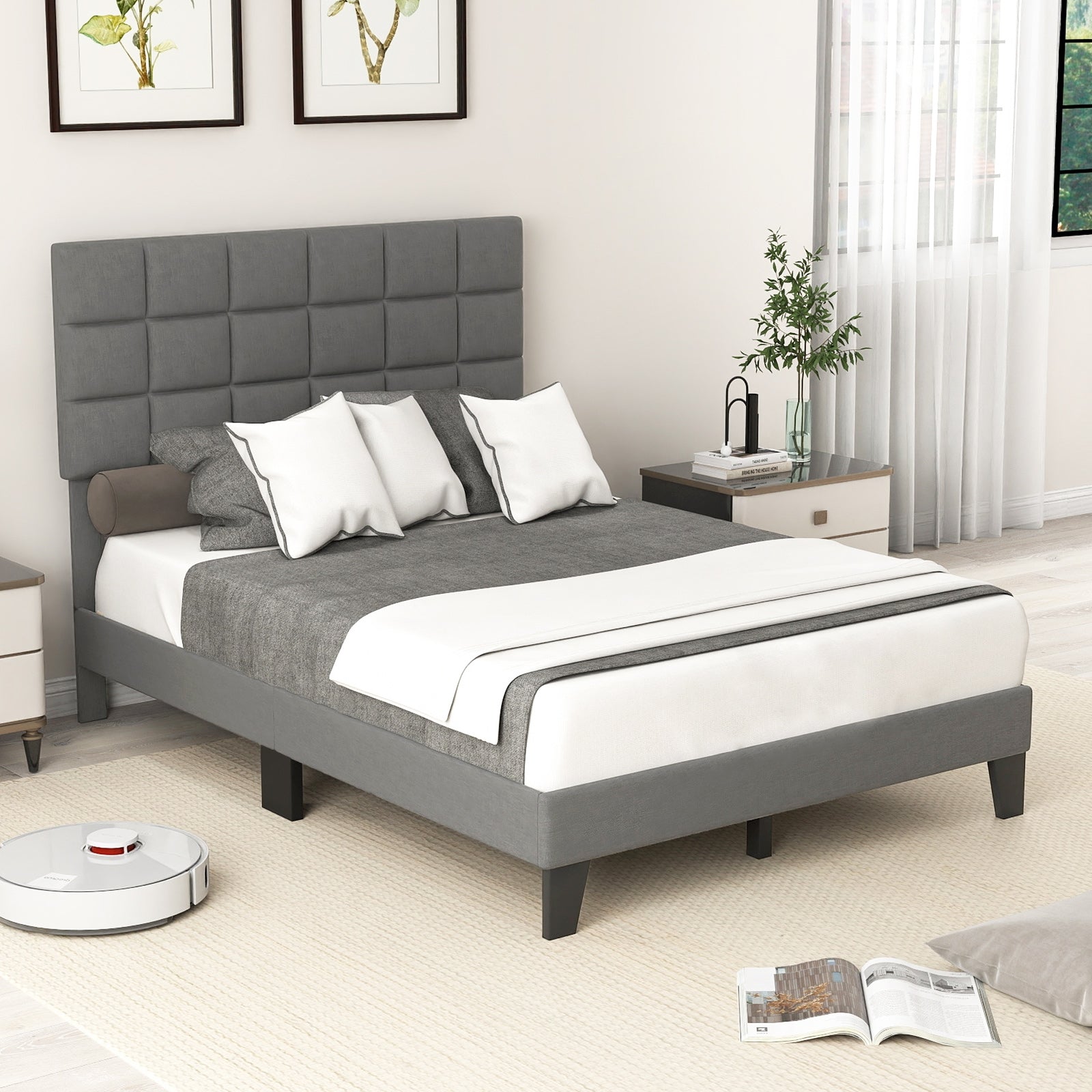 Corey Full Size Modern Linen Bed Frame with Adjustable Headboard-Gray
