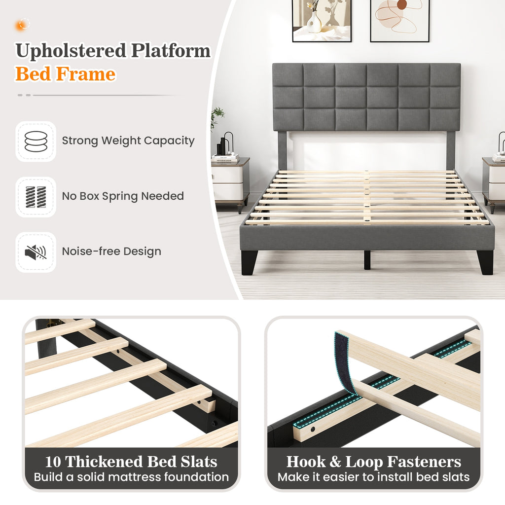 Corey Queen Size Modern Linen Bed Frame with Adjustable Headboard-Gray