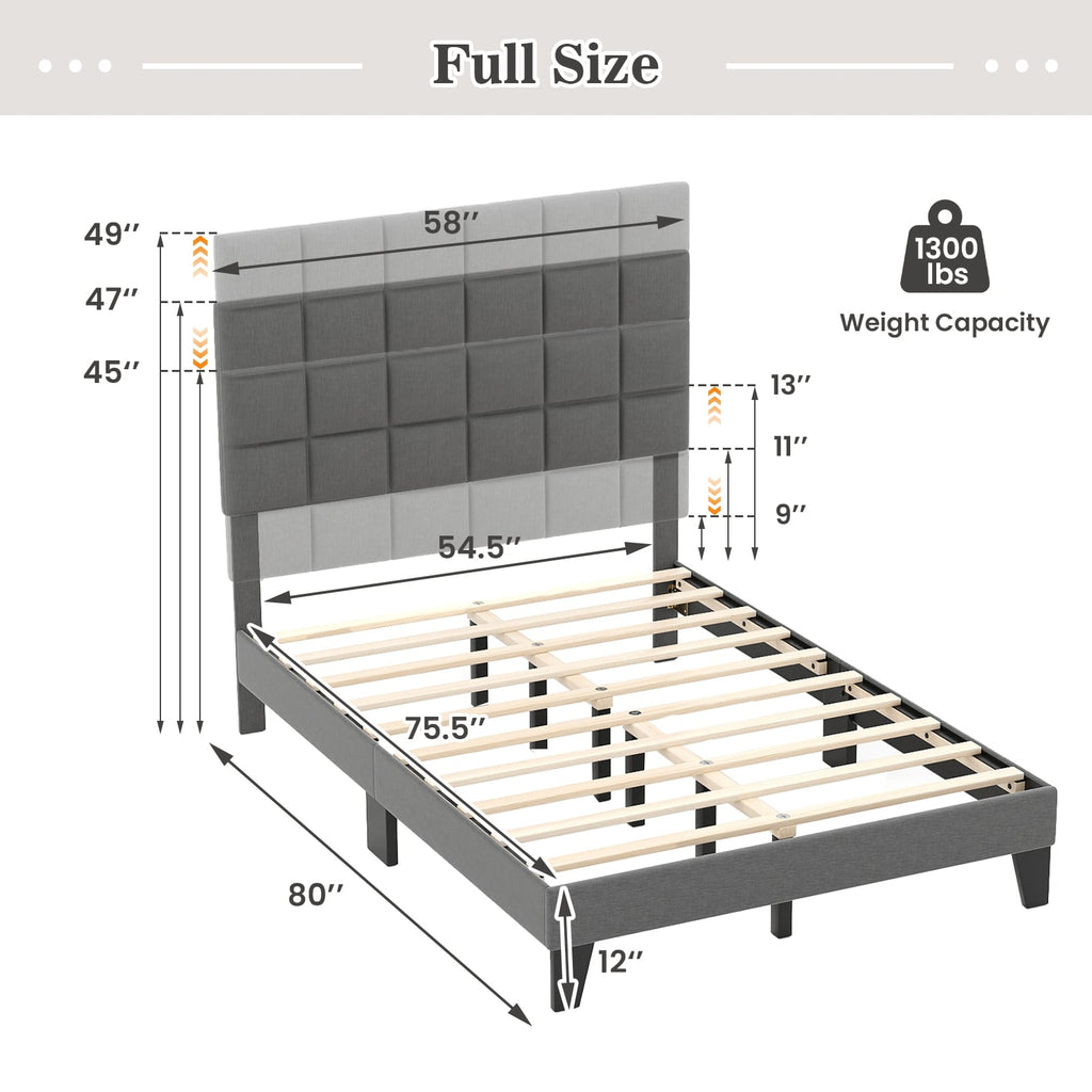 Corey Full Size Modern Linen Bed Frame with Adjustable Headboard-Gray