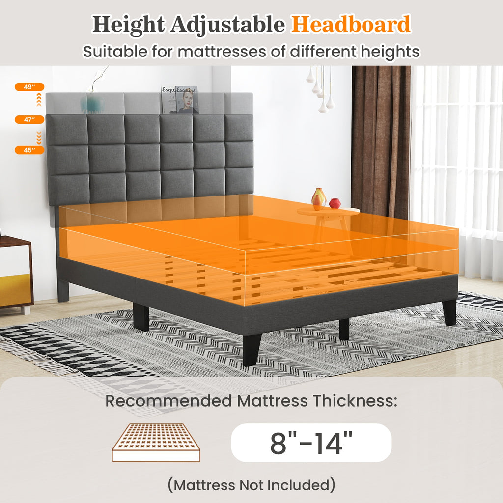 Corey Queen Size Modern Linen Bed Frame with Adjustable Headboard-Gray