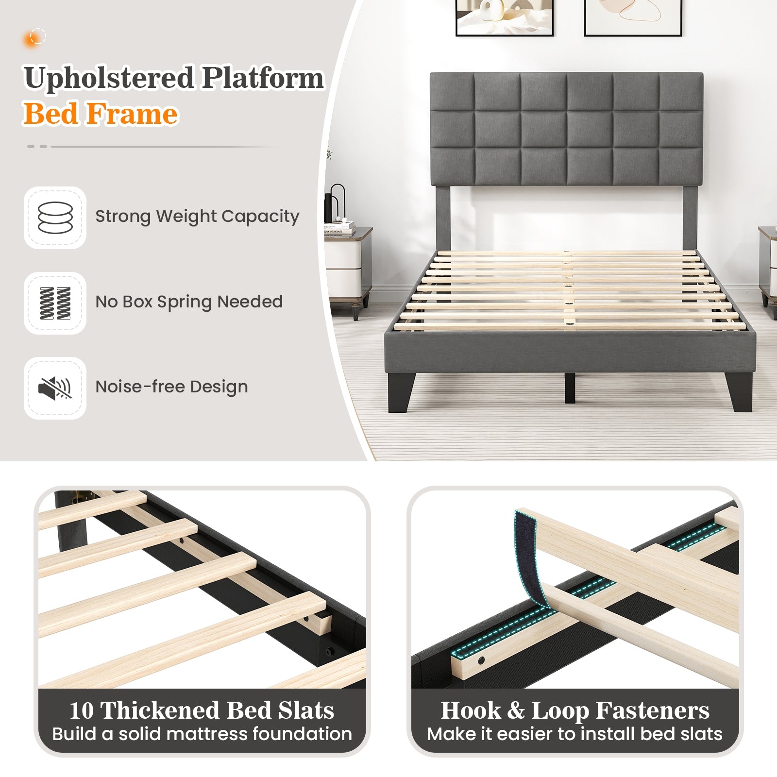 Corey Full Size Modern Linen Bed Frame with Adjustable Headboard-Gray