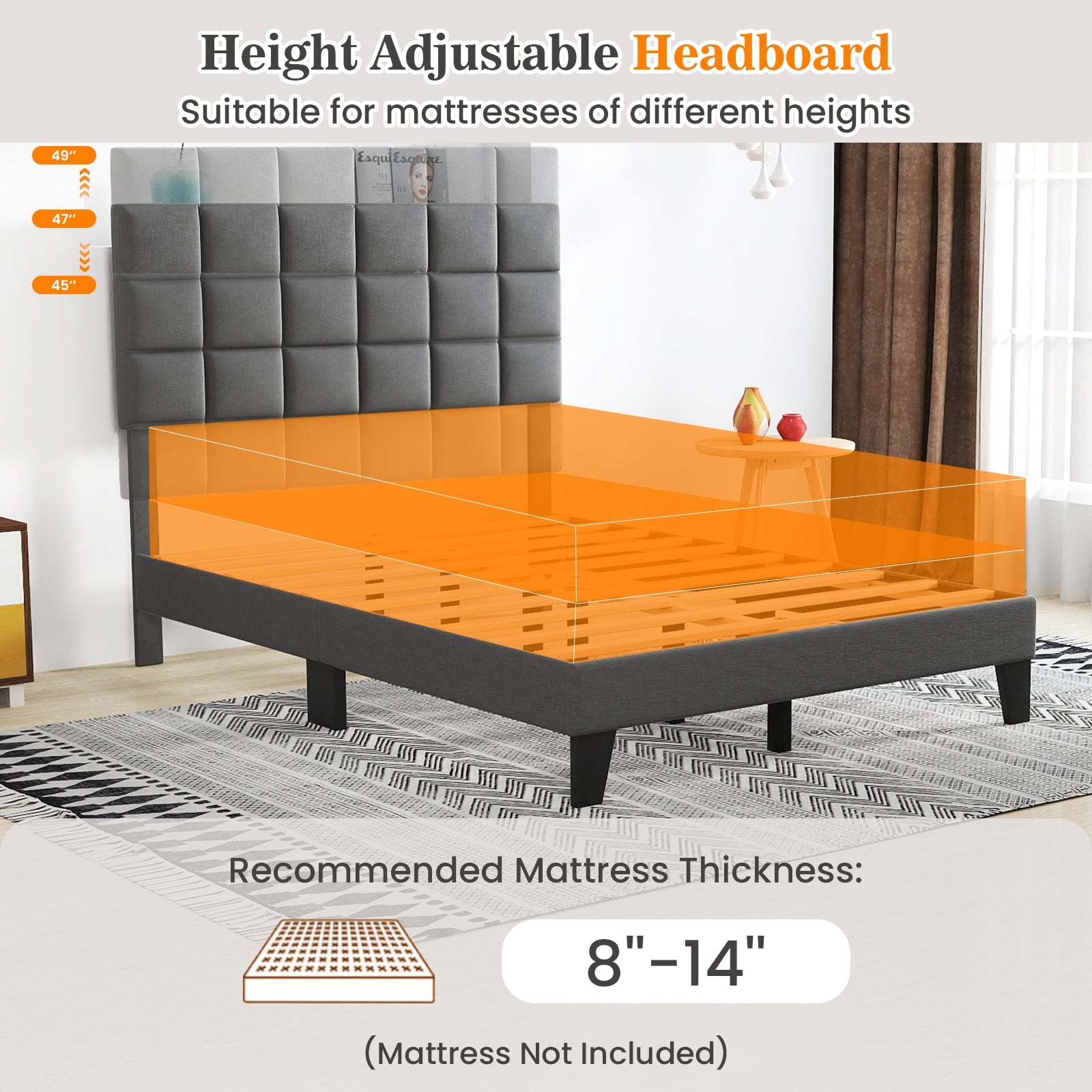 Corey Full Size Modern Linen Bed Frame with Adjustable Headboard-Gray