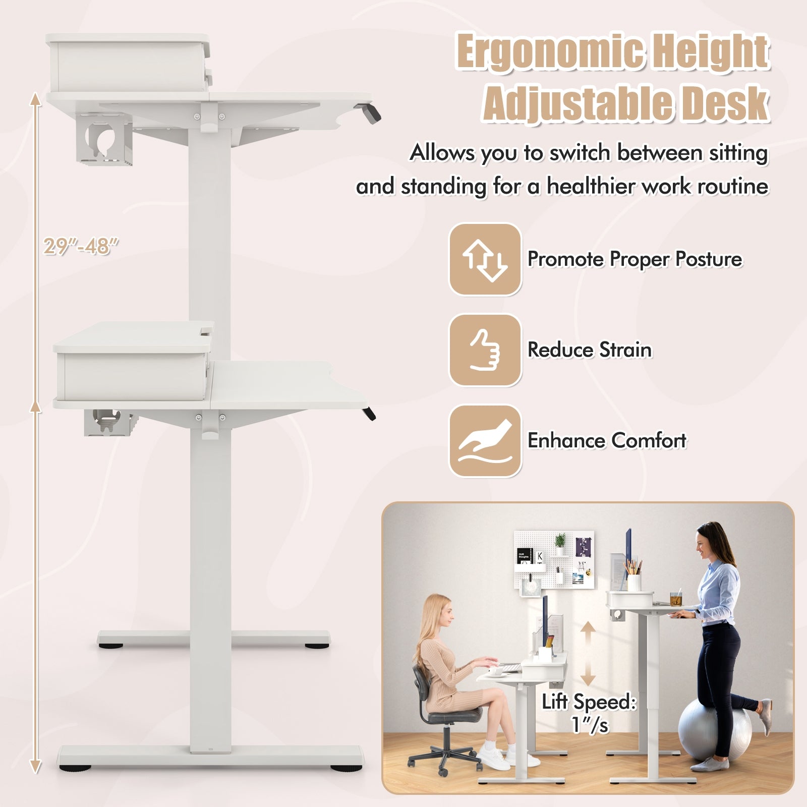 Arlo 48" Electric Height Adjustable Standing Desk with Drawers – White