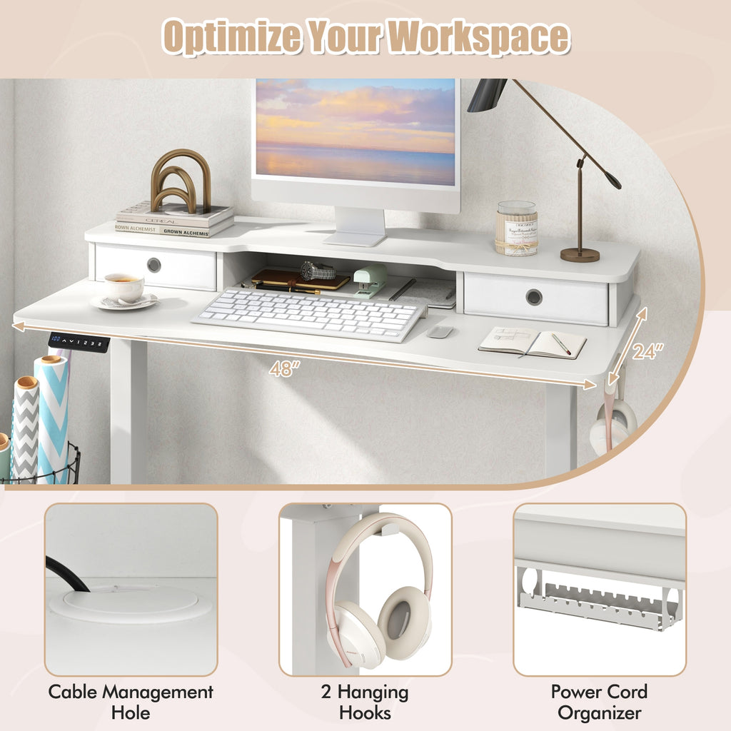 Arlo 48" Electric Height Adjustable Standing Desk with Drawers – White