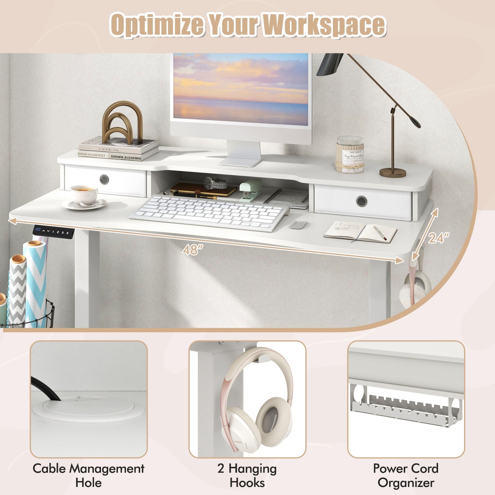 Arlo 48" Electric Height Adjustable Standing Desk with Drawers – White
