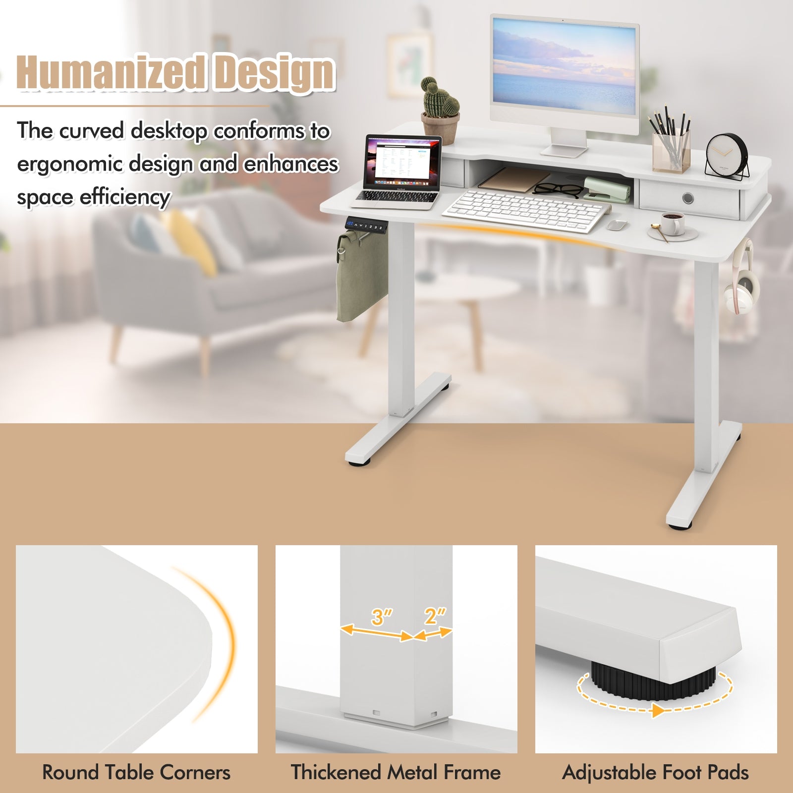 Arlo 48" Electric Height Adjustable Standing Desk with Drawers – White