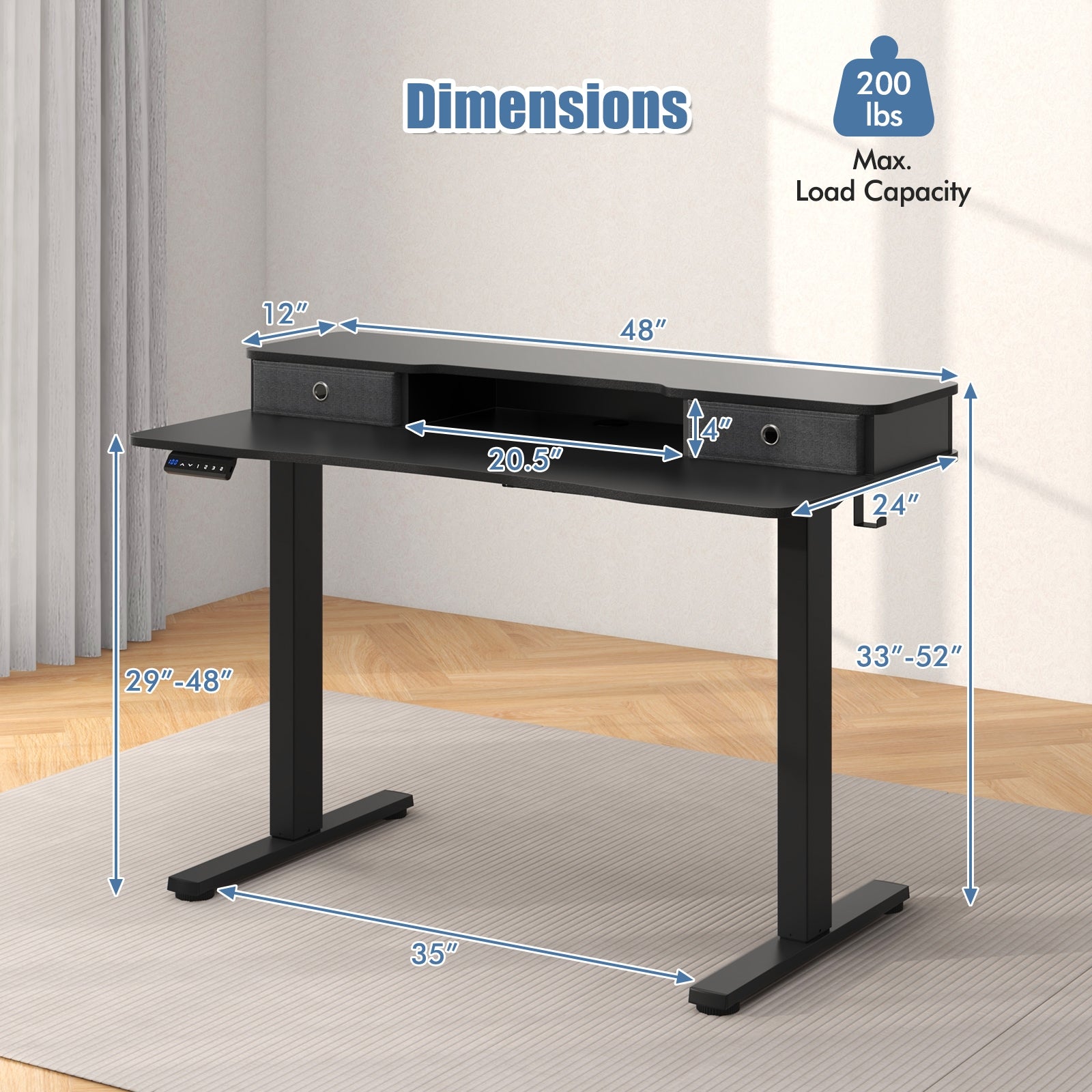 Arlo 48" Electric Height Adjustable Standing Desk with Drawers – Black
