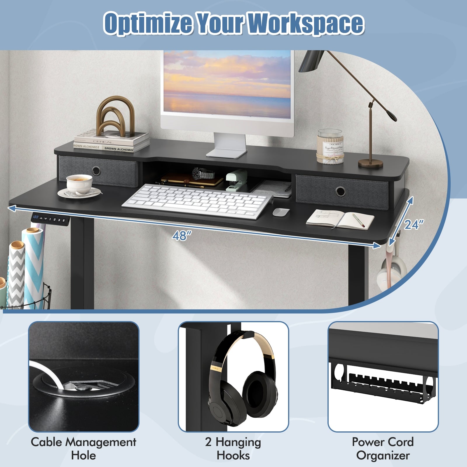 Arlo 48" Electric Height Adjustable Standing Desk with Drawers – Black
