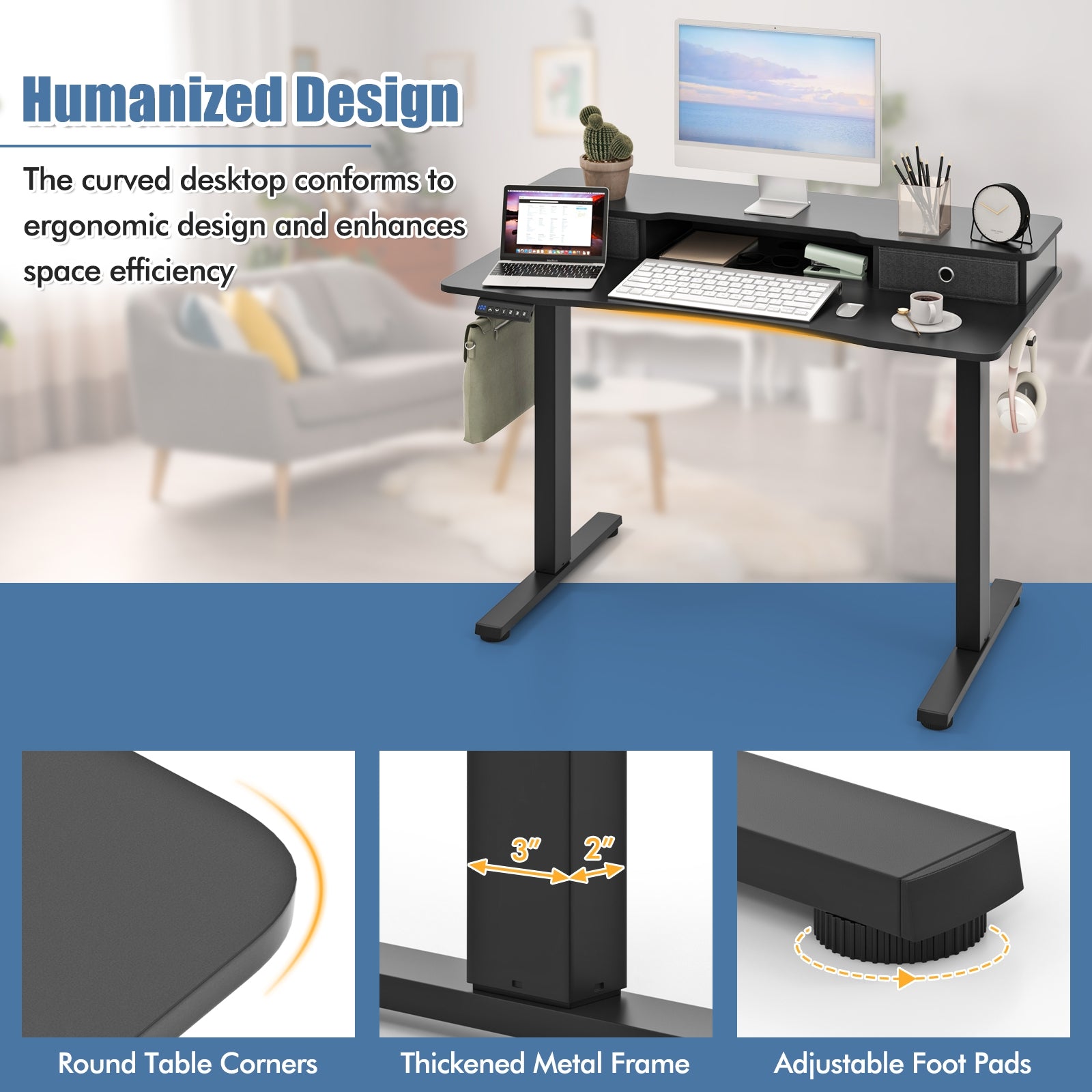 Arlo 48" Electric Height Adjustable Standing Desk with Drawers – Black