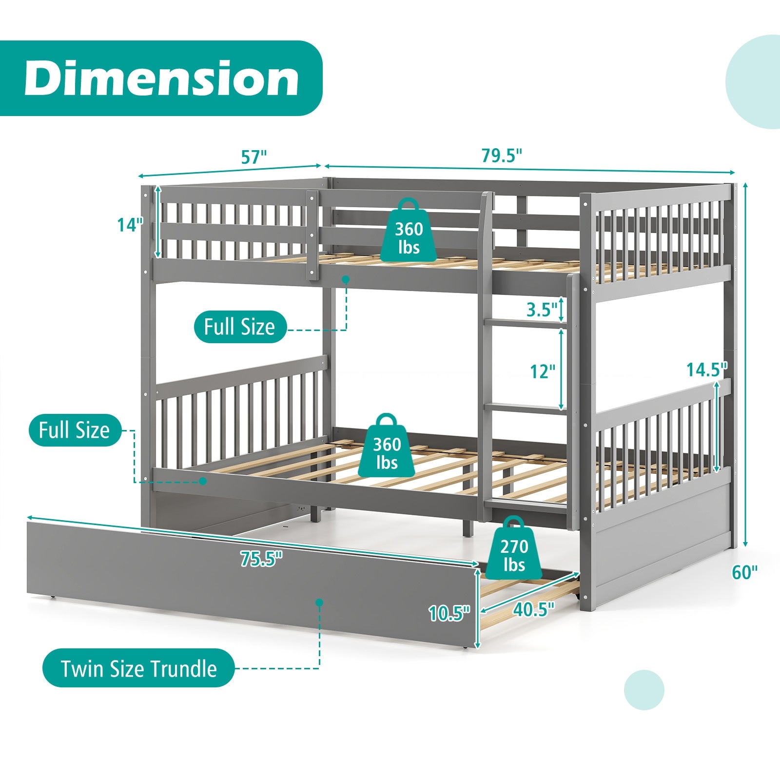 Hudson Full-Over-Full Bunk Bed with Trundle – Grey