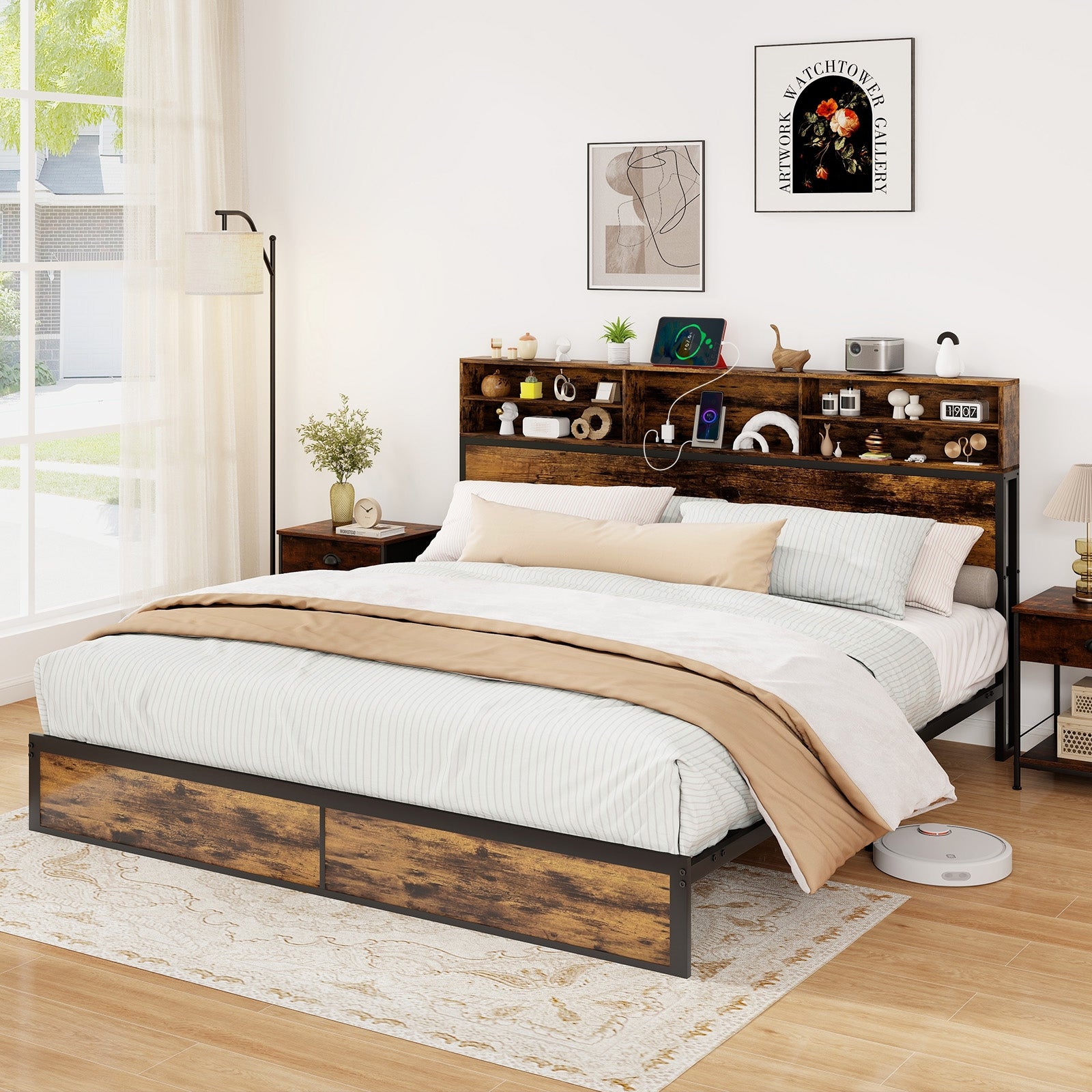Bergen King Size Bed Frame with Storage Headboard & Charging Station – Industrial Metal Platform Bed