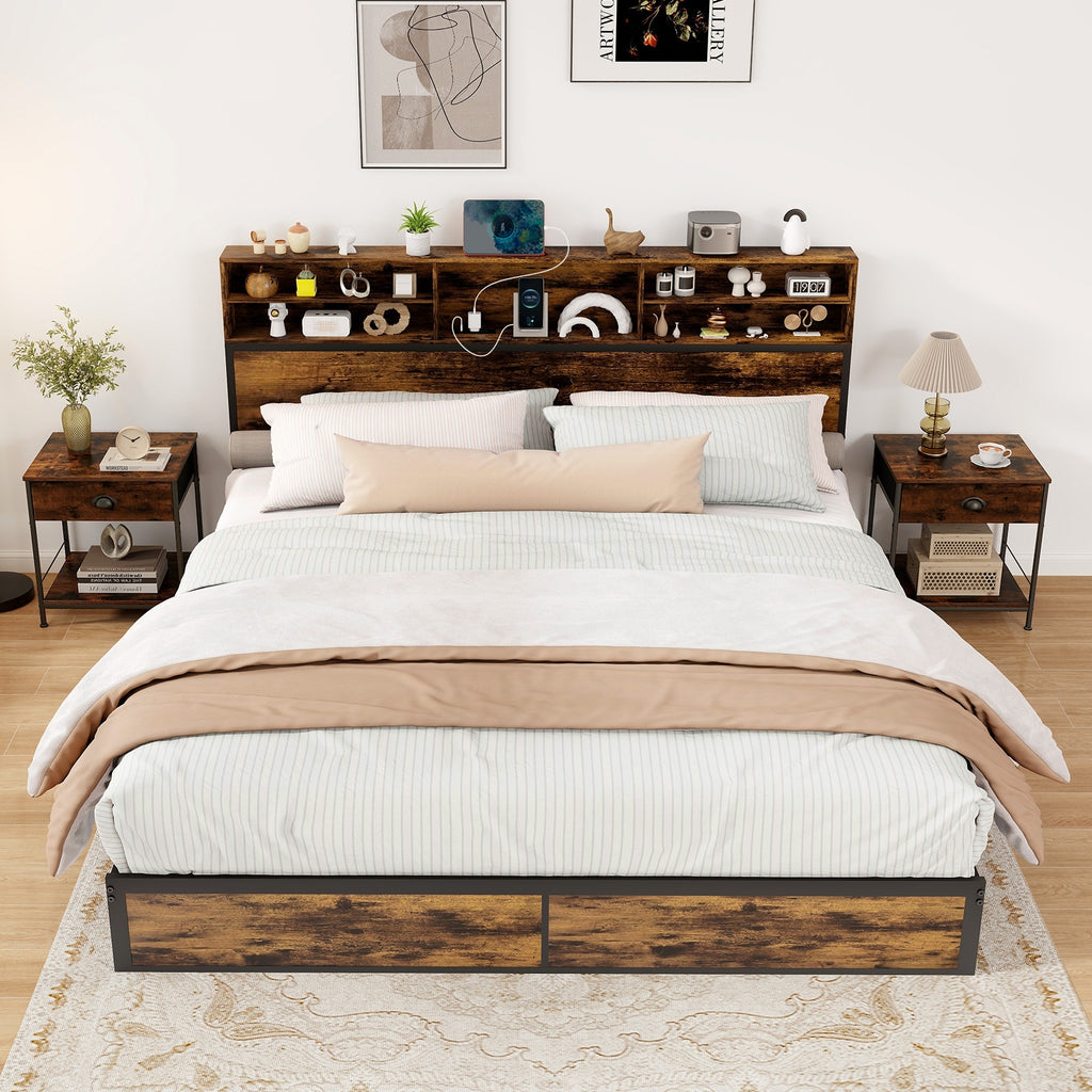 Bergen King Size Bed Frame with Storage Headboard & Charging Station – Industrial Metal Platform Bed