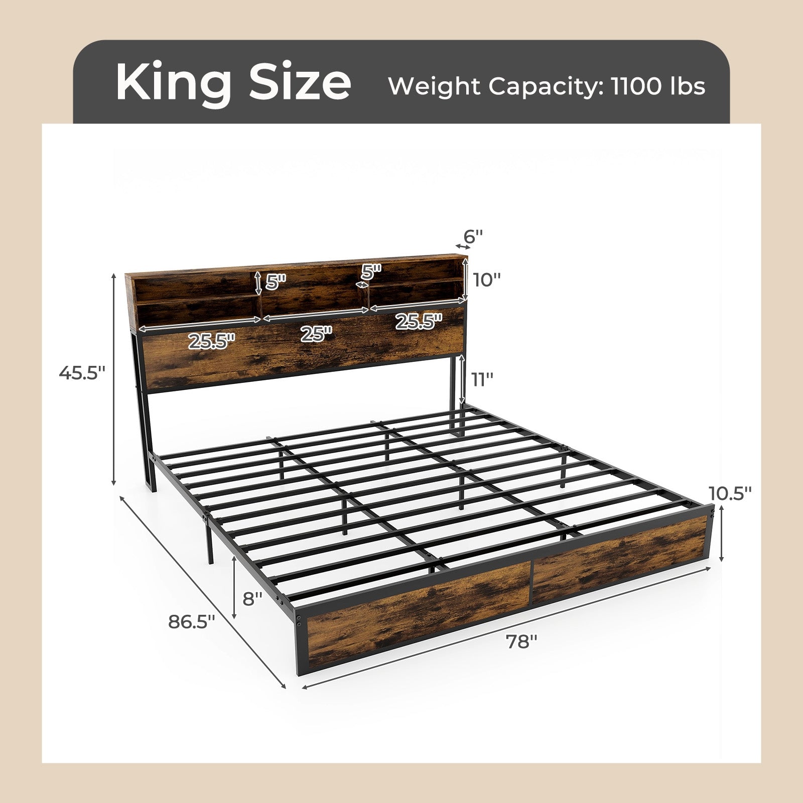 Bergen King Size Bed Frame with Storage Headboard & Charging Station – Industrial Metal Platform Bed
