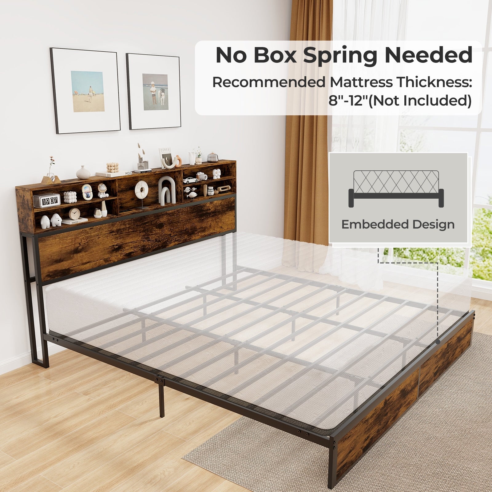 Bergen King Size Bed Frame with Storage Headboard & Charging Station – Industrial Metal Platform Bed