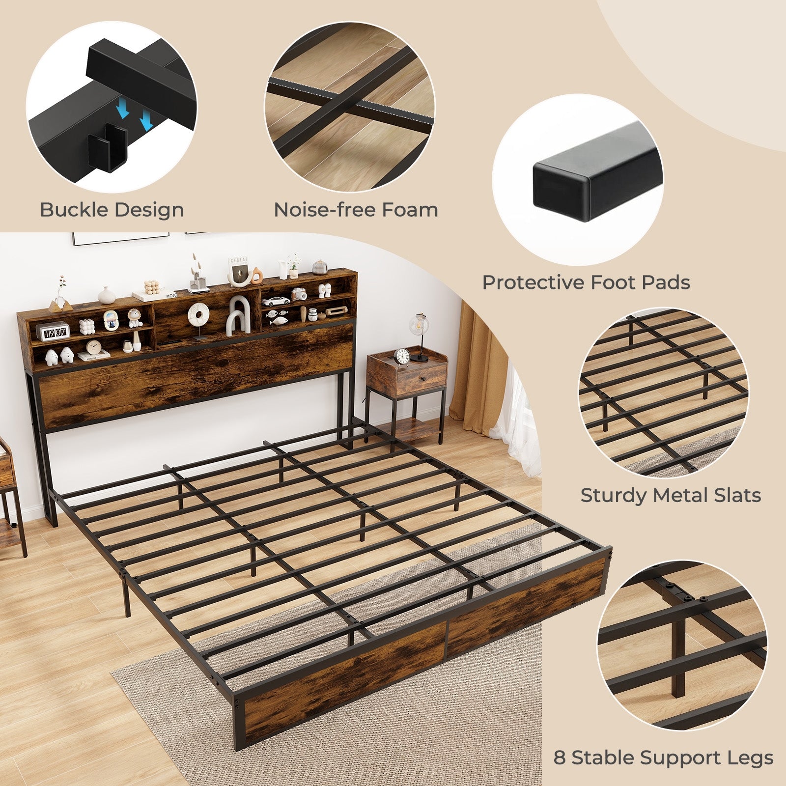 Bergen King Size Bed Frame with Storage Headboard & Charging Station – Industrial Metal Platform Bed