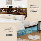 Bergen King Size Bed Frame with Storage Headboard & Charging Station – Industrial Metal Platform Bed