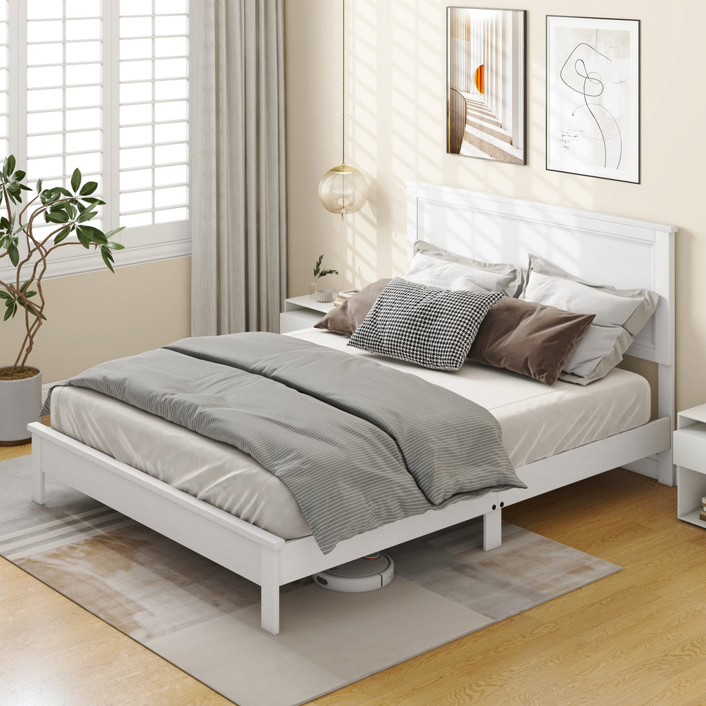 Kelsey Queen Size Platform Bed Frame with High Headboard & Solid Rubber Wood Legs–White