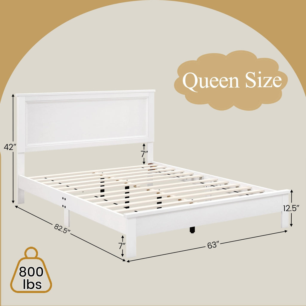 Kelsey Queen Size Platform Bed Frame with High Headboard & Solid Rubber Wood Legs–White