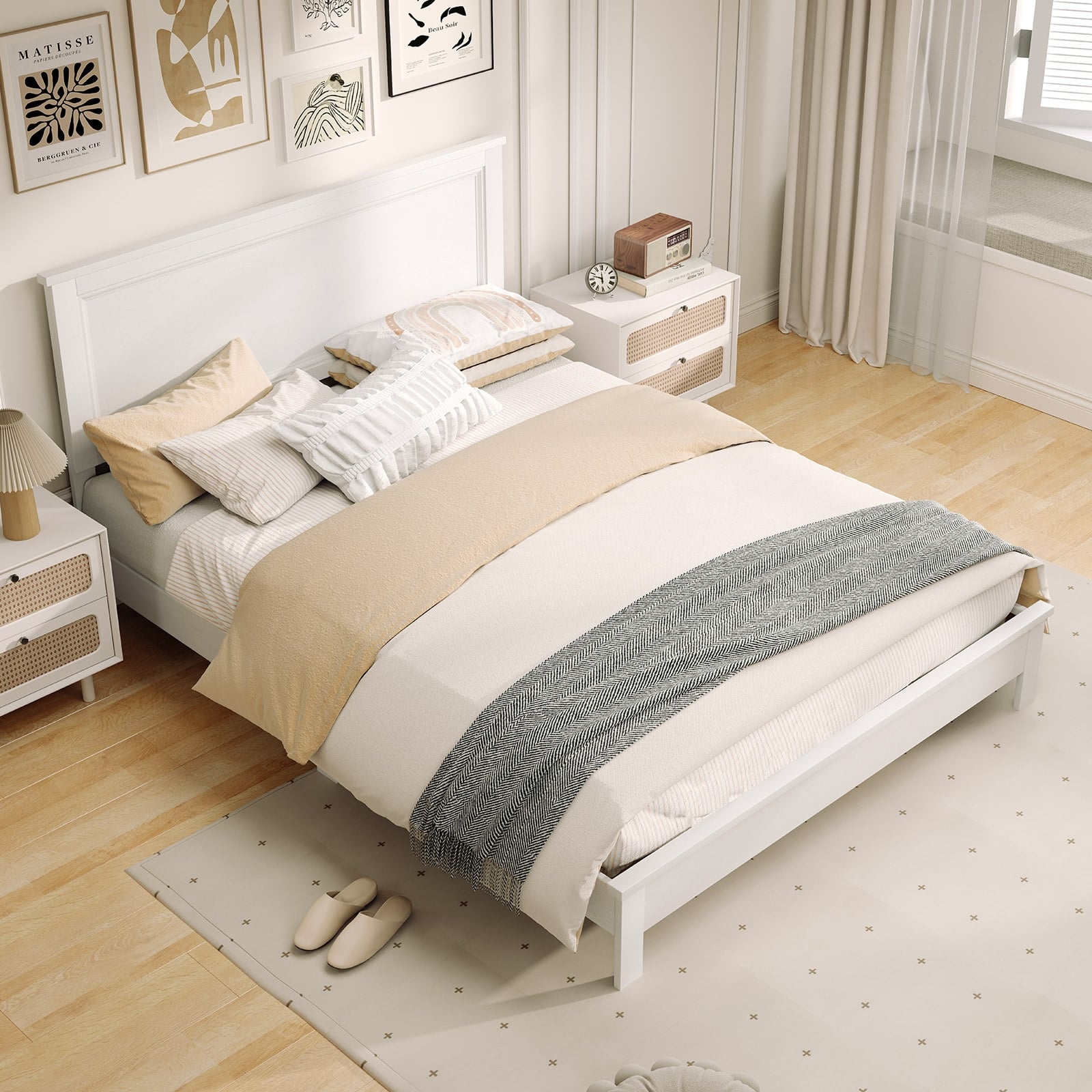 Kelsey Queen Size Platform Bed Frame with High Headboard & Solid Rubber Wood Legs–White