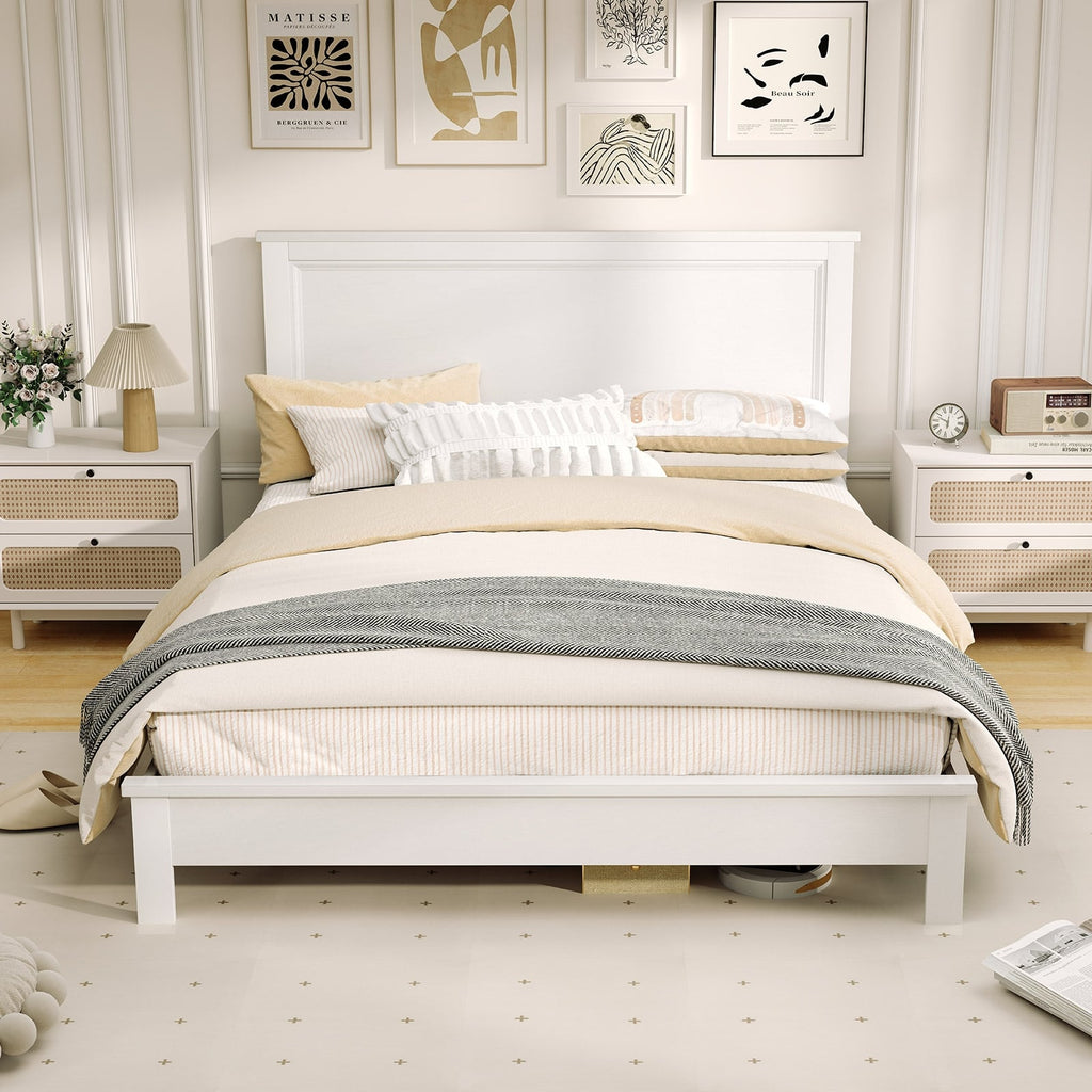 Kelsey Queen Size Platform Bed Frame with High Headboard & Solid Rubber Wood Legs–White