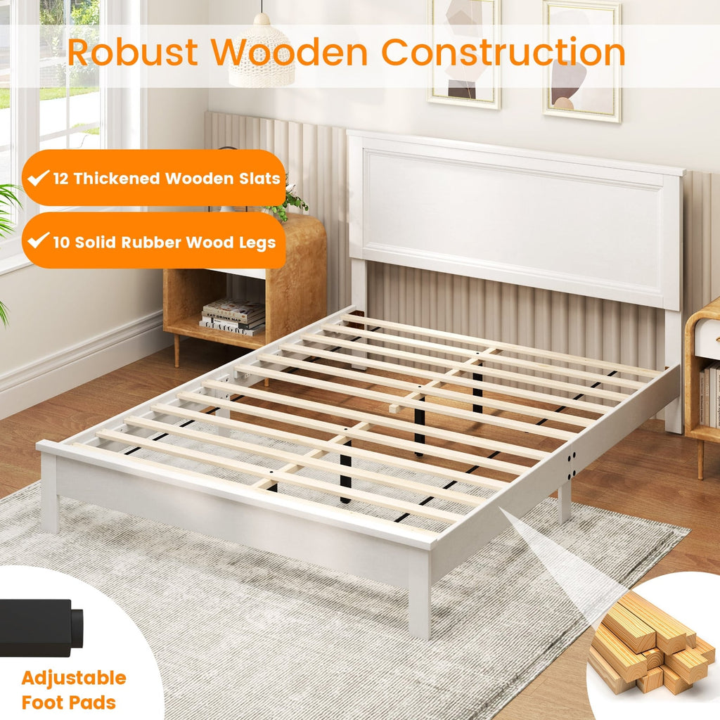 Kelsey Queen Size Platform Bed Frame with High Headboard & Solid Rubber Wood Legs–White