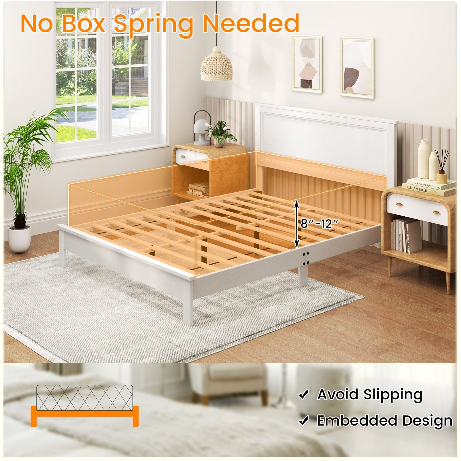Kelsey Queen Size Platform Bed Frame with High Headboard & Solid Rubber Wood Legs–White