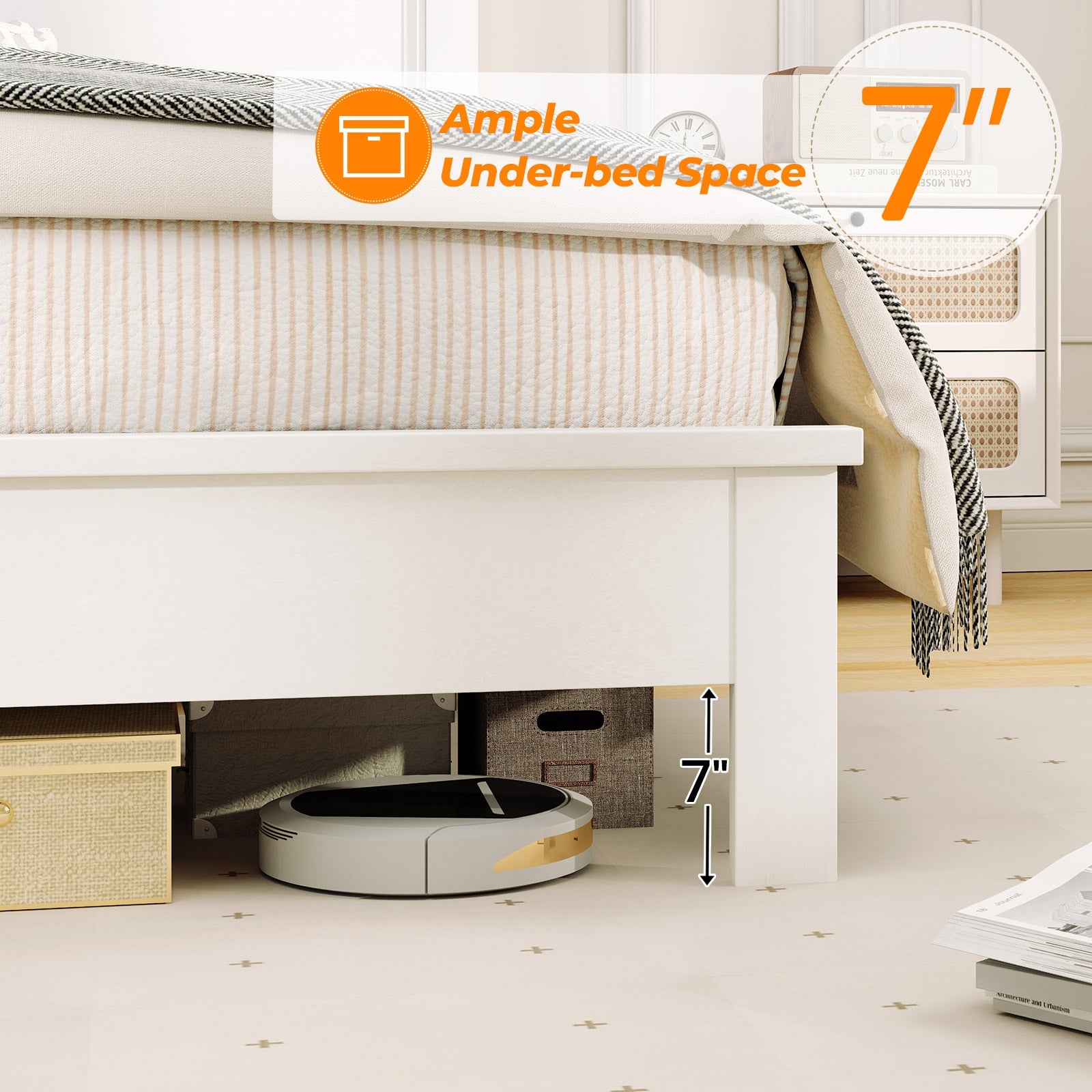 Kelsey Queen Size Platform Bed Frame with High Headboard & Solid Rubber Wood Legs–White