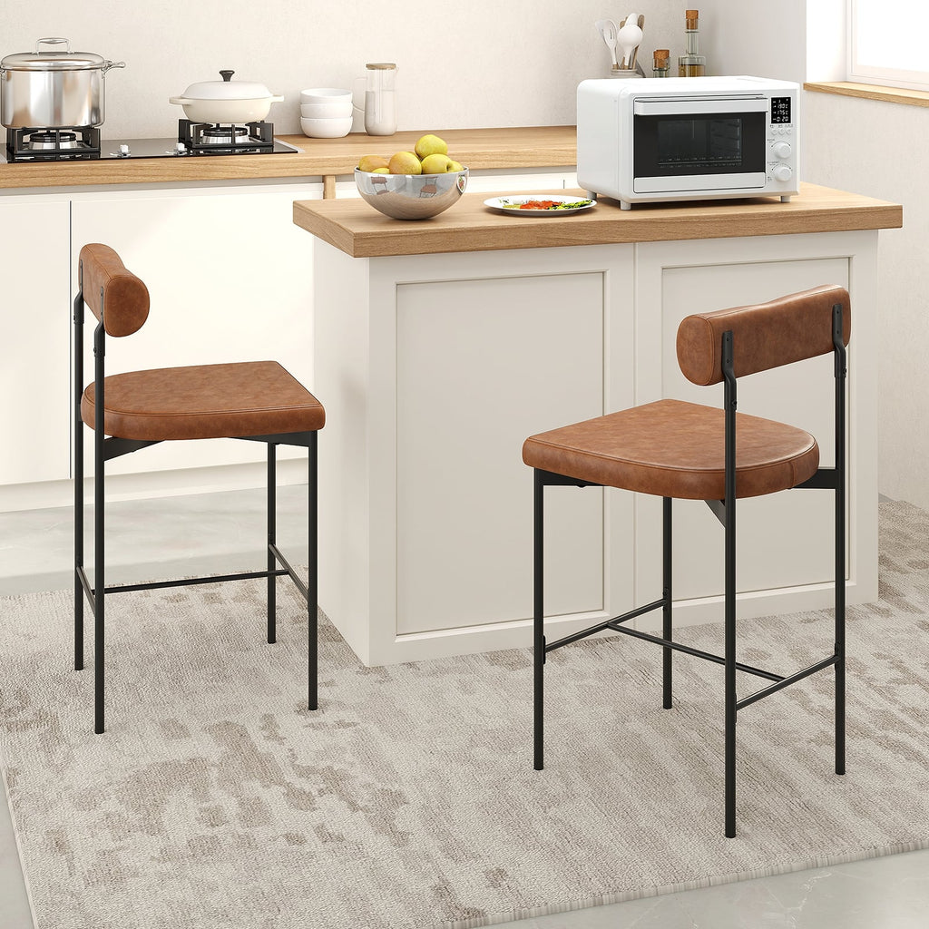 Paige 26” Counter Height Upholstered Stools-Set of 2–PVC Leather Bar Chairs with Backrest-Brown