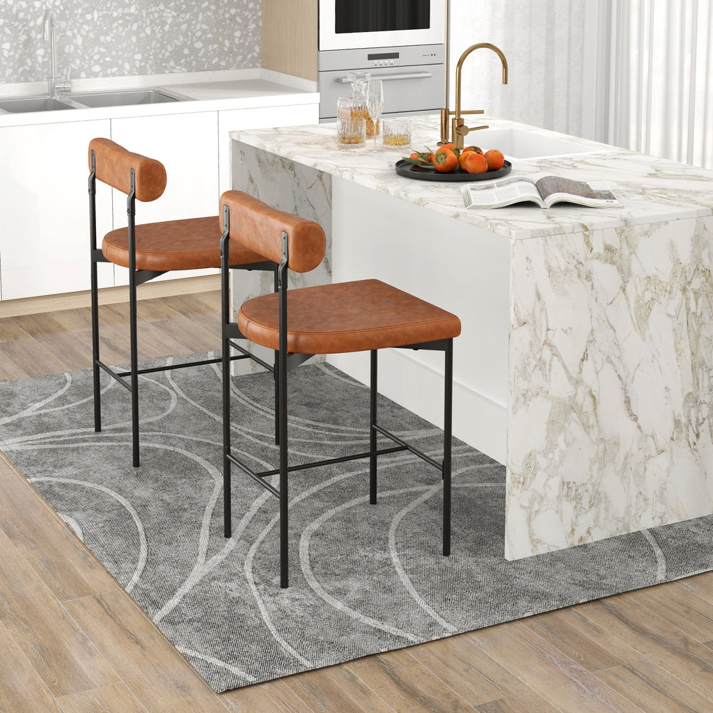 Paige 26” Counter Height Upholstered Stools-Set of 2–PVC Leather Bar Chairs with Backrest-Brown