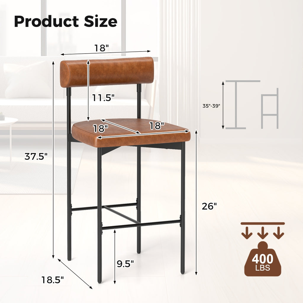 Paige 26” Counter Height Upholstered Stools-Set of 2–PVC Leather Bar Chairs with Backrest-Brown