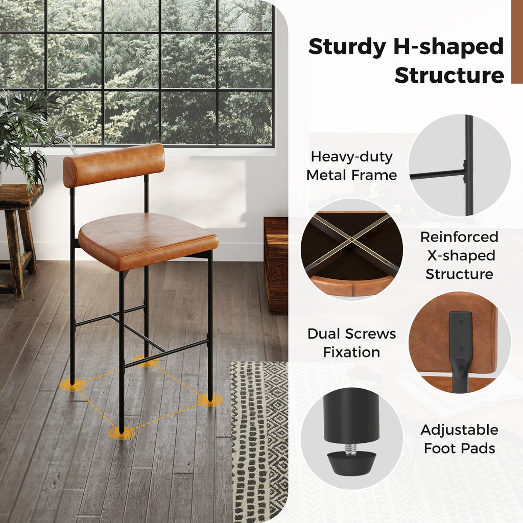 Paige 26” Counter Height Upholstered Stools-Set of 2–PVC Leather Bar Chairs with Backrest-Brown