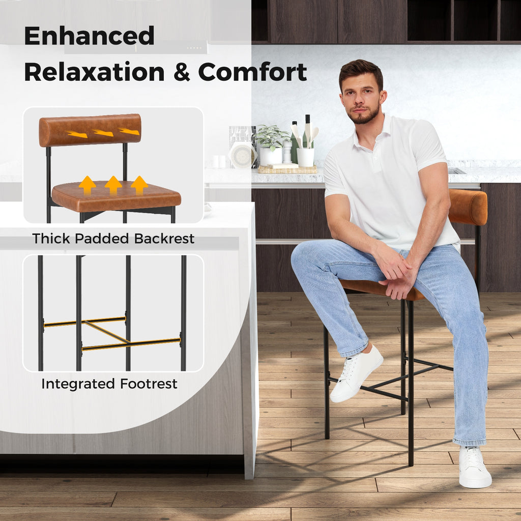 Paige 26” Counter Height Upholstered Stools-Set of 2–PVC Leather Bar Chairs with Backrest-Brown