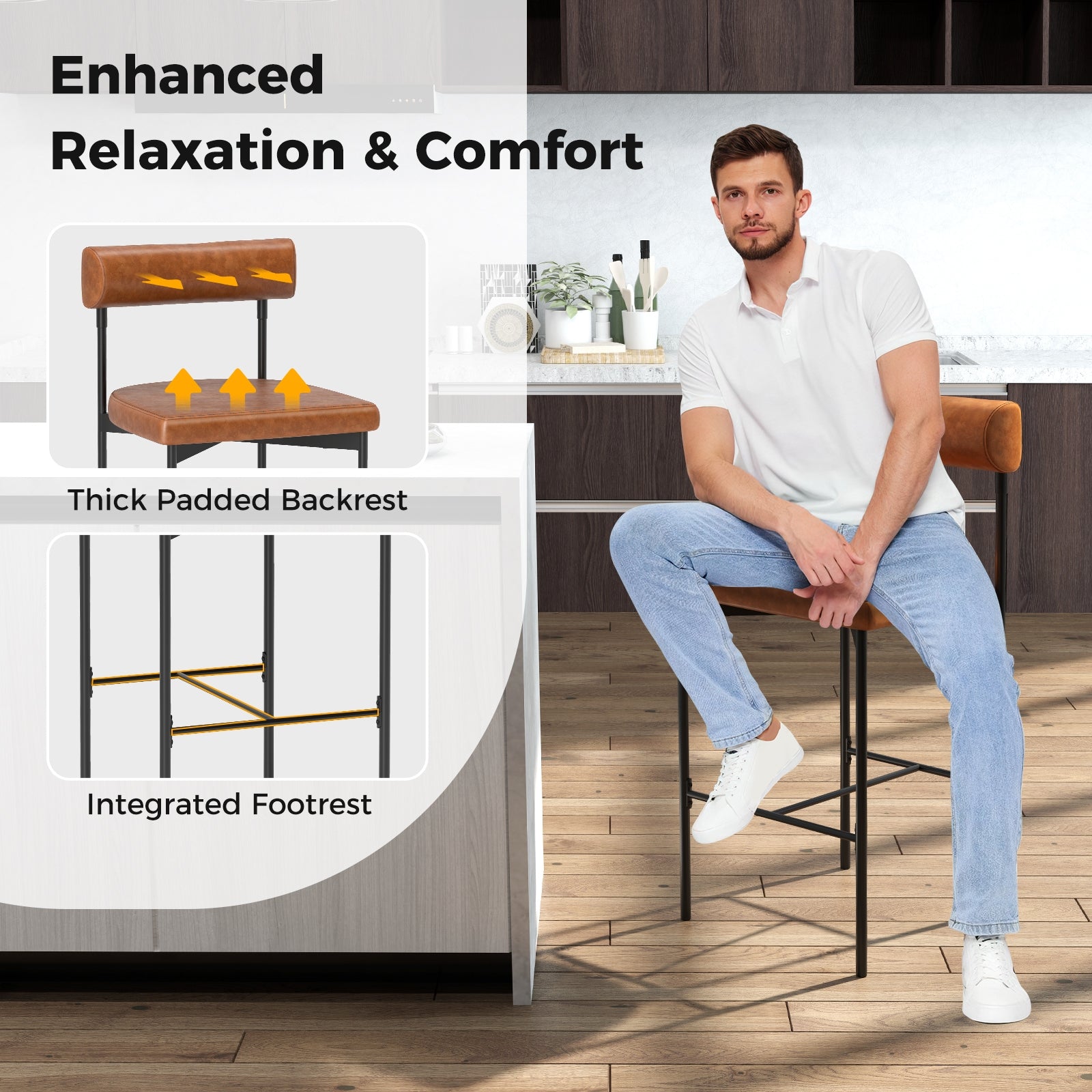 Paige 26” Counter Height Upholstered Stools-Set of 2–PVC Leather Bar Chairs with Backrest-Brown