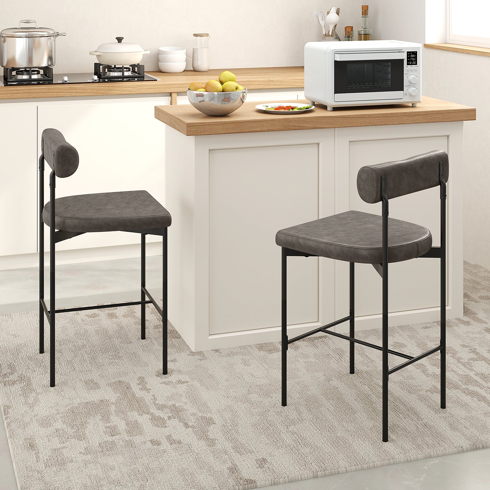 Paige 26” Counter Height Upholstered Stools-Set of 2–PVC Leather Bar Chairs with Backrest-Gray