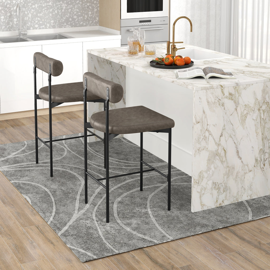 Paige 26” Counter Height Upholstered Stools-Set of 2–PVC Leather Bar Chairs with Backrest-Gray
