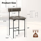 Paige 26” Counter Height Upholstered Stools-Set of 2–PVC Leather Bar Chairs with Backrest-Gray