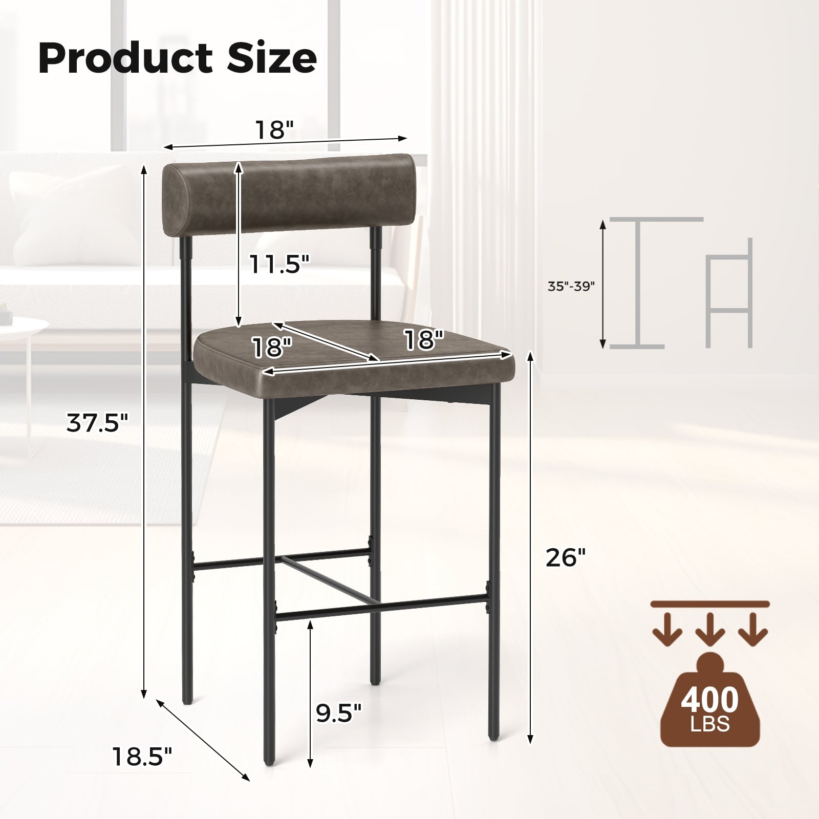 Paige 26” Counter Height Upholstered Stools-Set of 2–PVC Leather Bar Chairs with Backrest-Gray