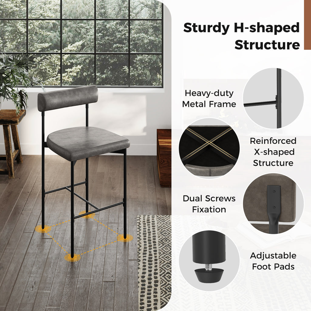 Paige 26” Counter Height Upholstered Stools-Set of 2–PVC Leather Bar Chairs with Backrest-Gray