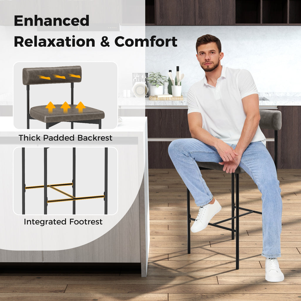 Paige 26” Counter Height Upholstered Stools-Set of 2–PVC Leather Bar Chairs with Backrest-Gray