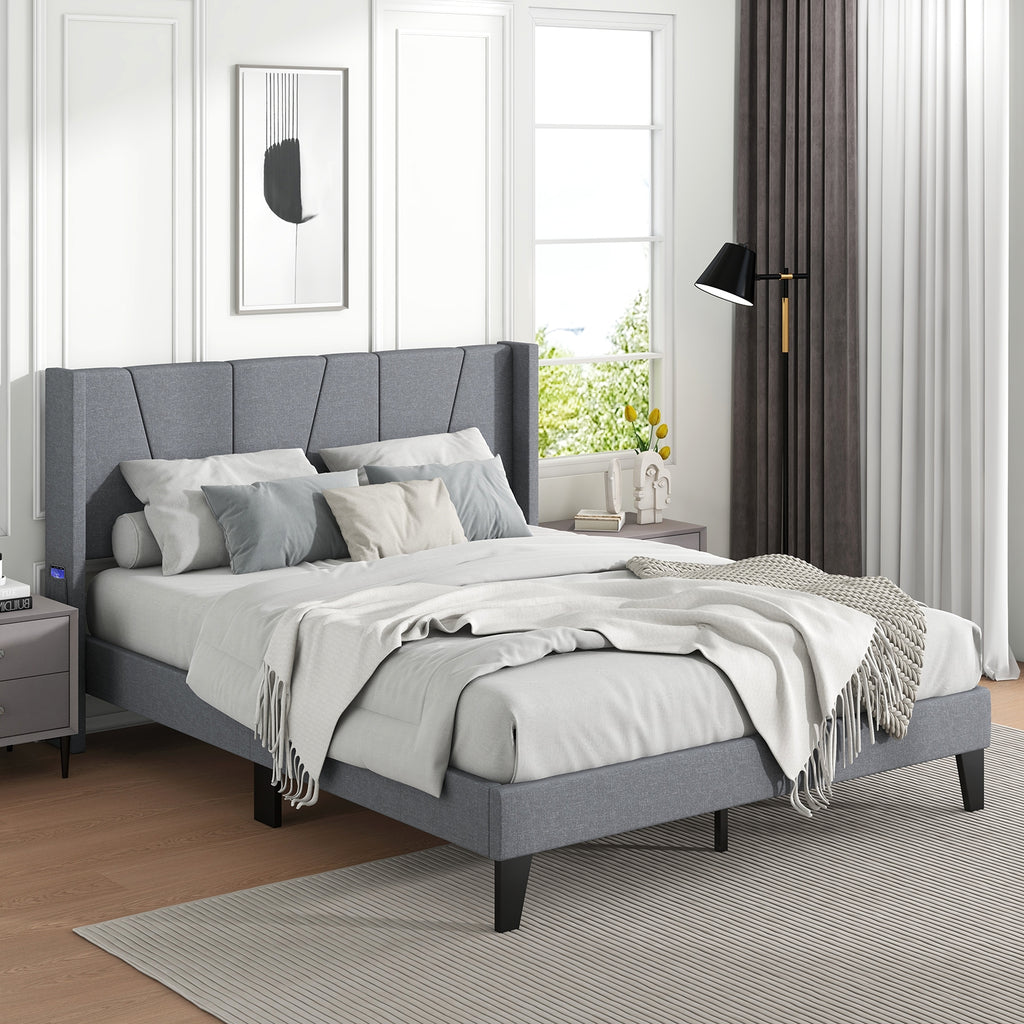 Kylin Bed Frame with Wingback Headboard and Wood Slat Support-Queen Size
