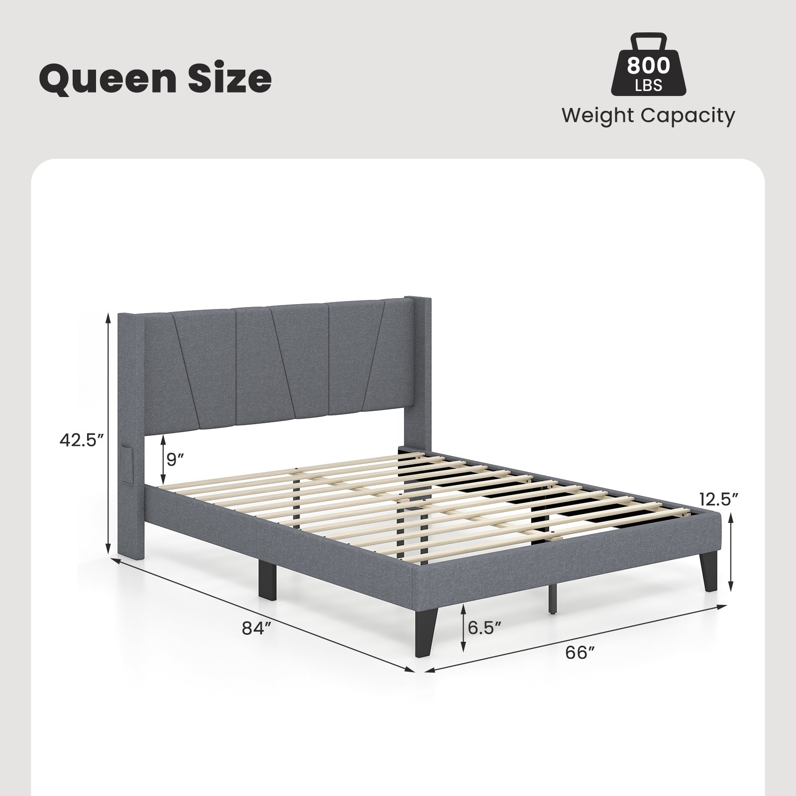 Kylin Bed Frame with Wingback Headboard and Wood Slat Support-Queen Size